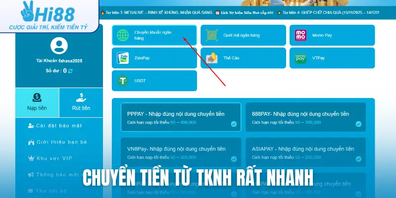 Chuyển tiền từ TKNH rất nhanh