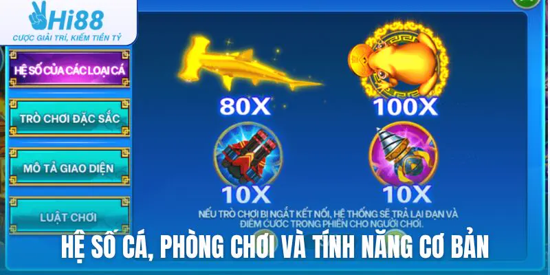 Hệ số cá, phòng chơi và tính năng cơ bản của bắn cá Thần Tài