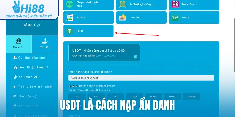 USDT là cách nạp ẩn danh
